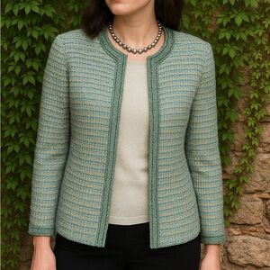 PERUVIAN CONNECTION Chic Tweed Pima Cotton Jacket/Sweater in Green and Blue, S